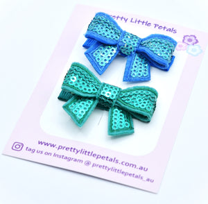 Piggytail Hair Clips - sequin bows - turquoise and teal