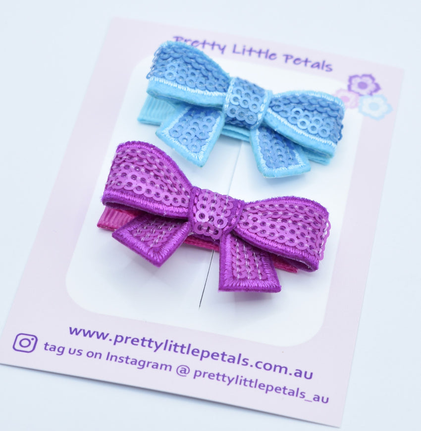 Piggytail Hair Clips - sequin bows - blue and purple