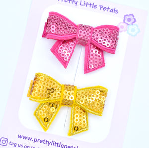 Piggytail Hair Clips - sequin bows - pink and gold