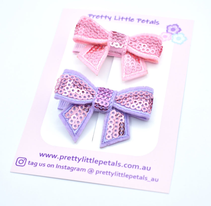 Piggytail Hair Clips - sequin bows - baby pink and lavender