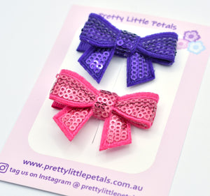 Piggytail Hair Clips - sequin bows - purple and hot pink