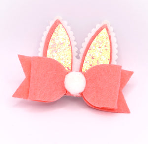 Coral Bunny Ears Bow Hair Clip