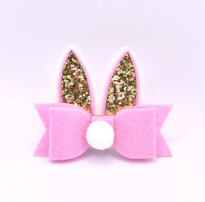 Baby Pink & Gold Bunny Ears Bow Hair Clip