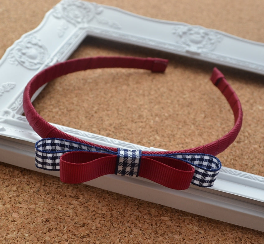 School Headband - burgundy with navy gingham bow