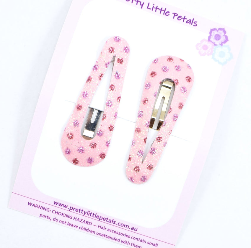 Pink glitter polka dot snap clips - pair of 2
