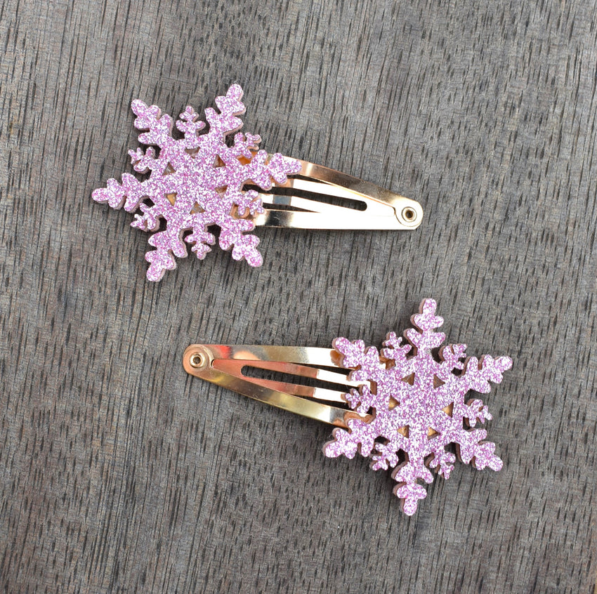 Glitter Snowflake Hair Clips - Pink