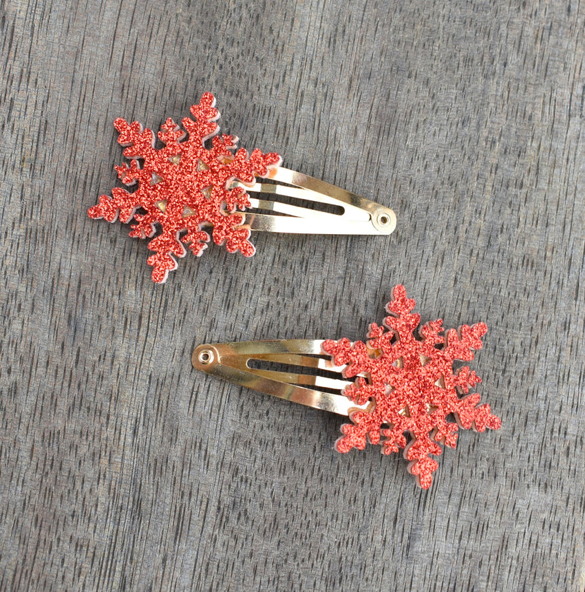 Glitter Snowflake Hair Clips - Red