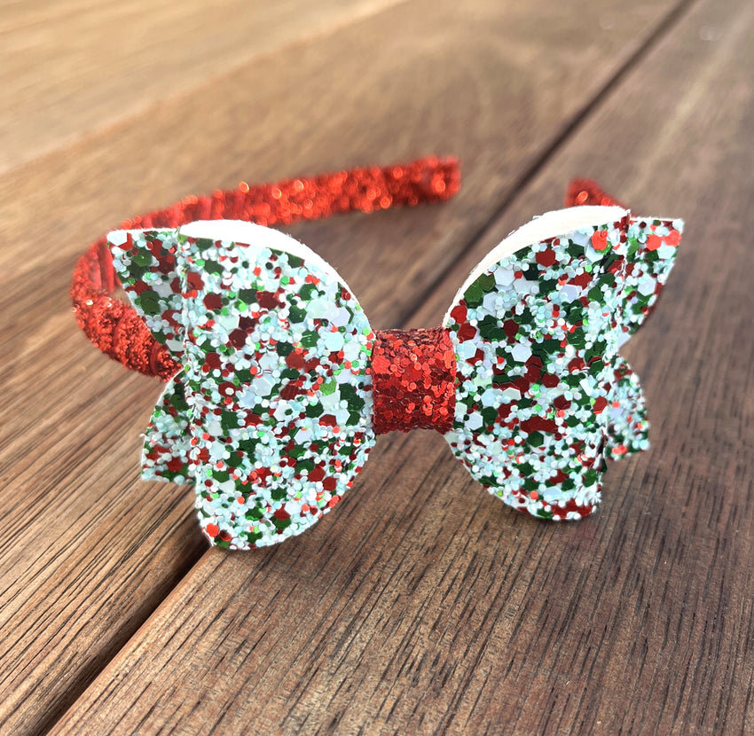 Christmas Glitter Bow Headband - red