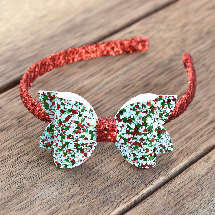 Christmas Glitter Bow Headband - red