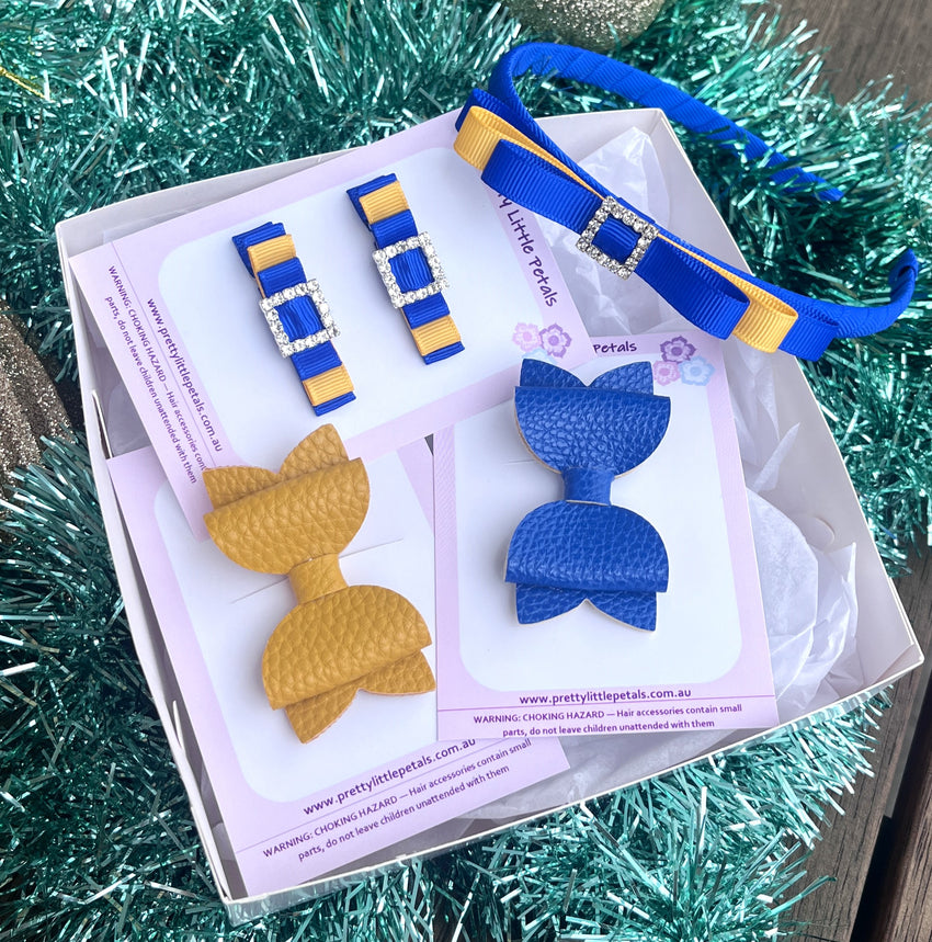 School Hair Accessories Gift Box - Royal Blue/Yellow Gold