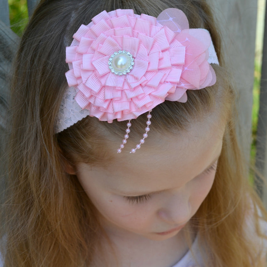 Lace Headband - pink flowers - Size: 6 months to 2yrs