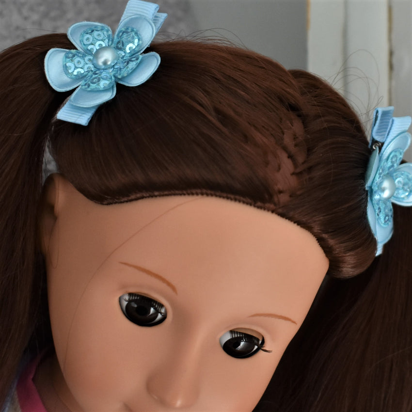 Piggytail Hair Clips - Light blue sequin flowers