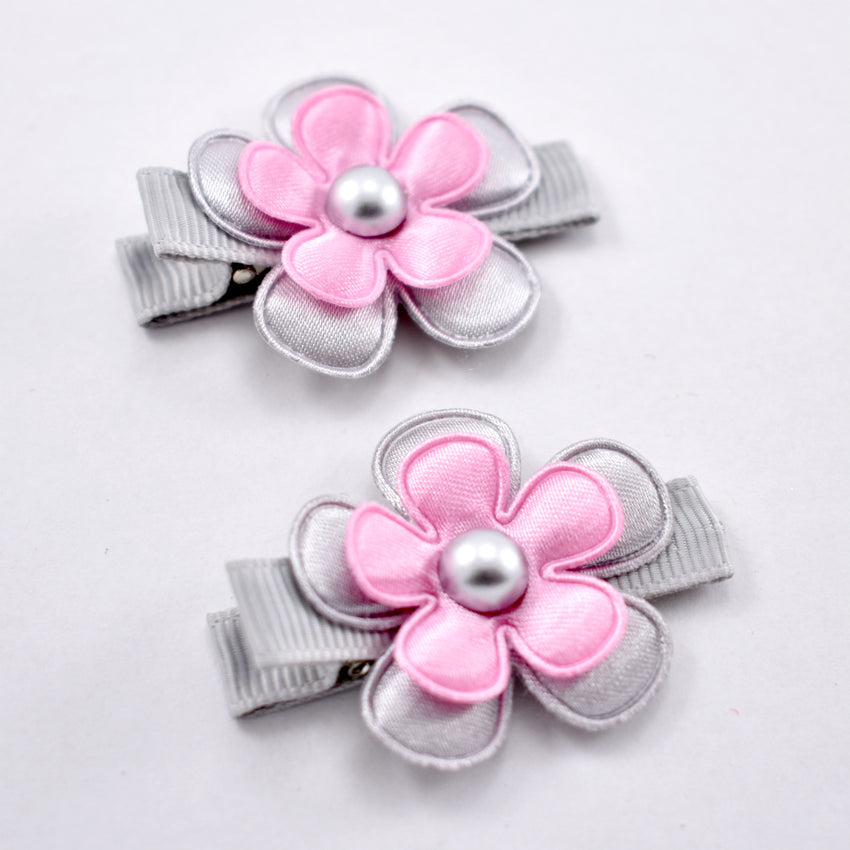 Flower Hair Clips - Pink & Grey