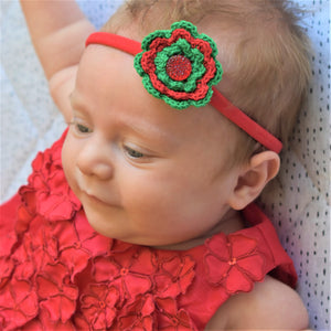 Red & Green Crochet Flower Headband