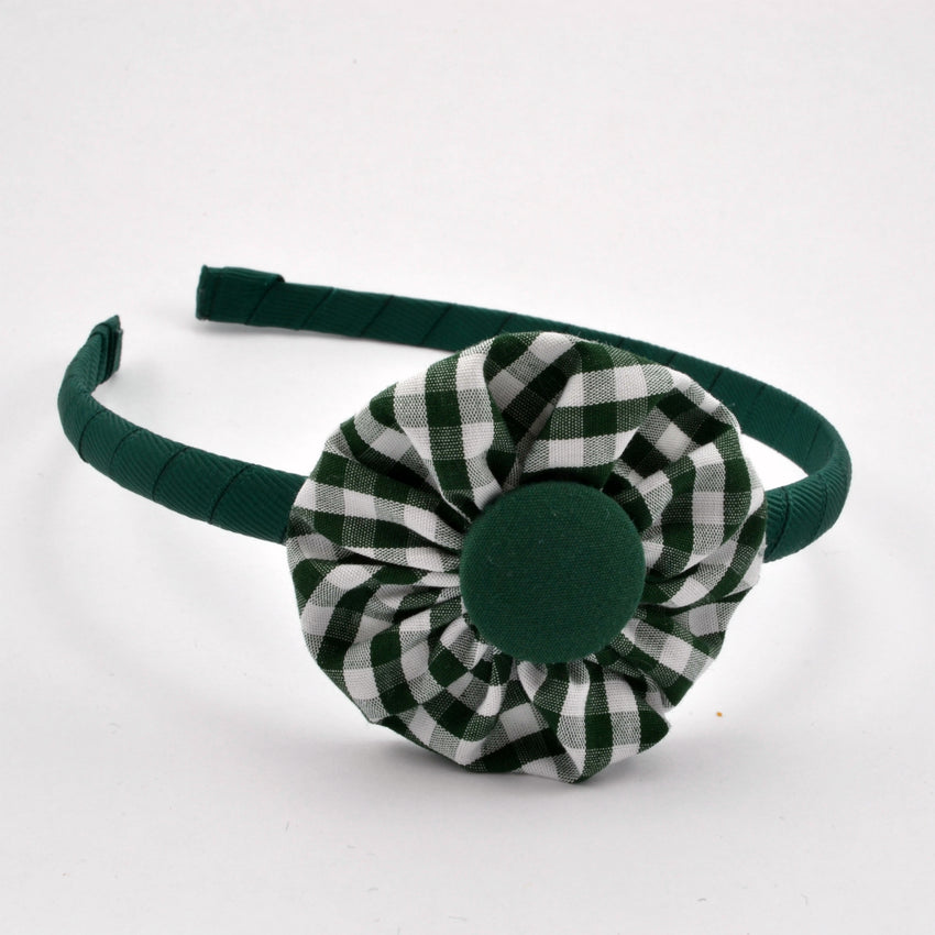 School Headband - Gingham fabric yoyo flower