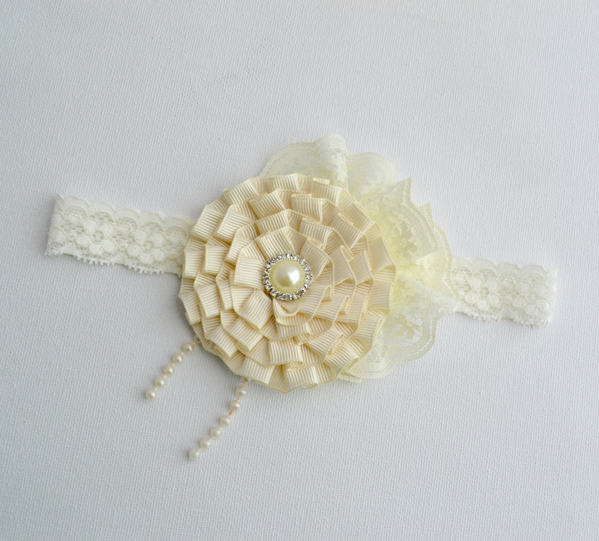 Ivory lace headband - Size: 6 months to 2yrs